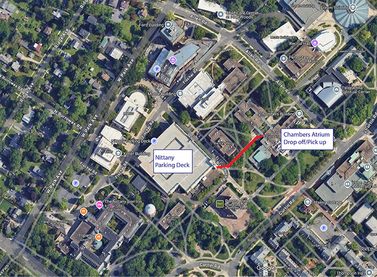 Directions to camp from Nittany Parking Deck to Chambers Atrium.